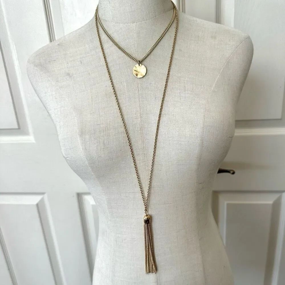 Gold tone double chain long tassel necklace